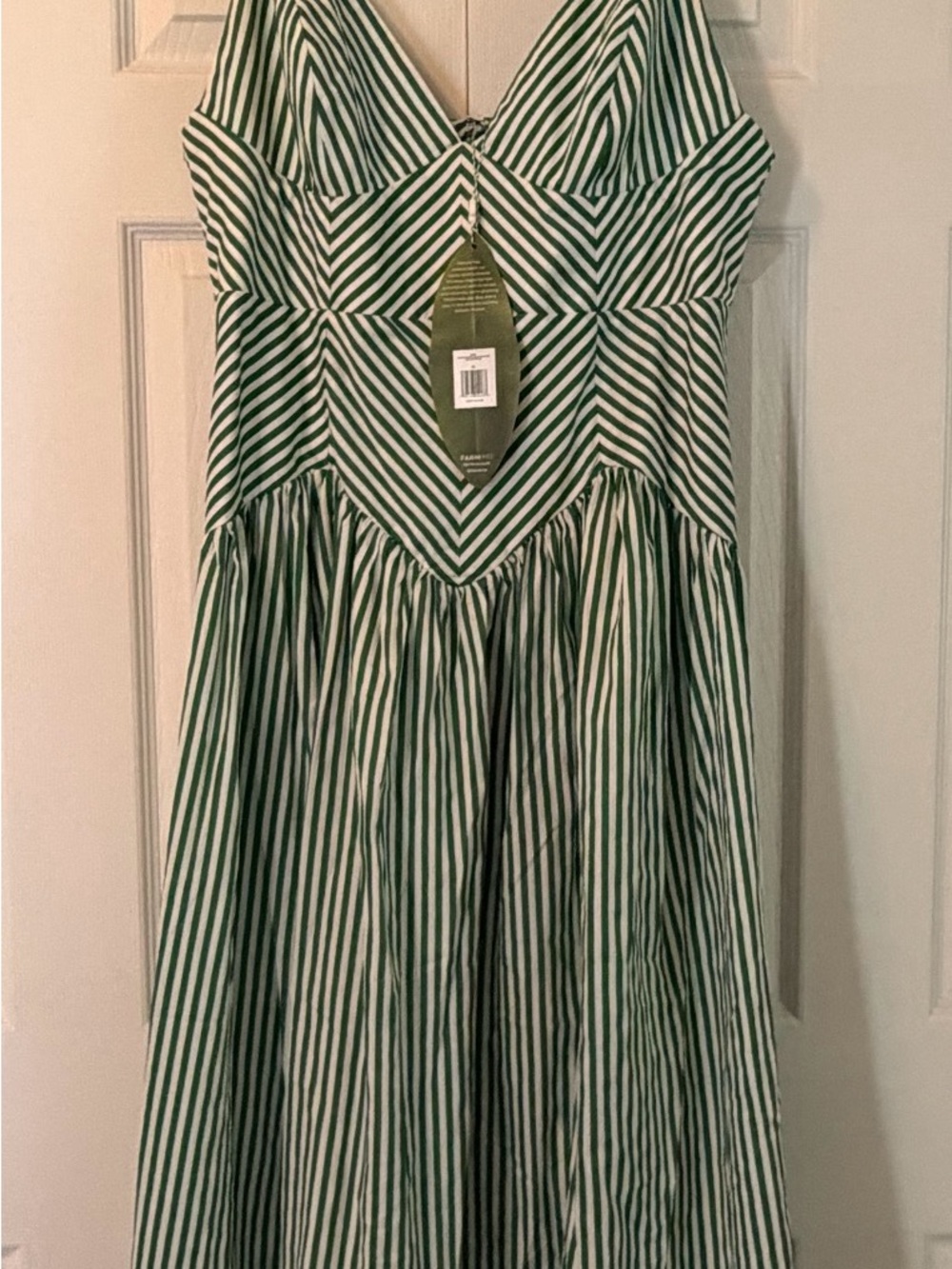 FARM Rio Green and White Striped V‑Neck Sundress